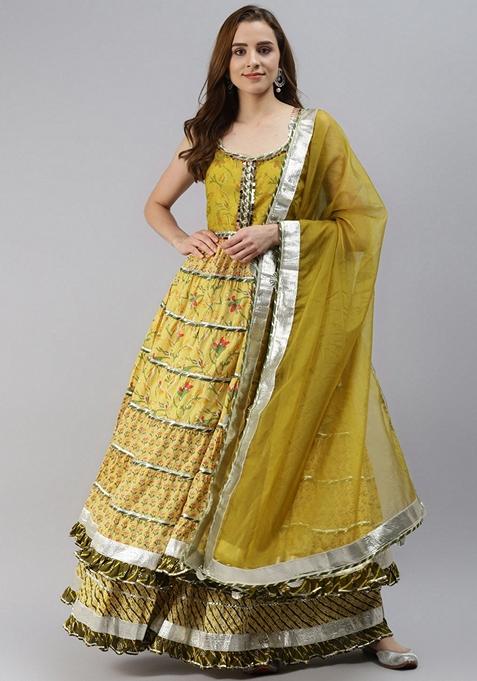 Yellow Printed Cotton Anarkali Set