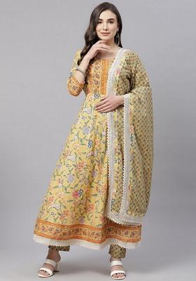 Yellow Floral Print Cotton Anarkali Set