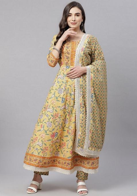 Yellow Printed Cotton Anarkali With Dupatta — view on Indya