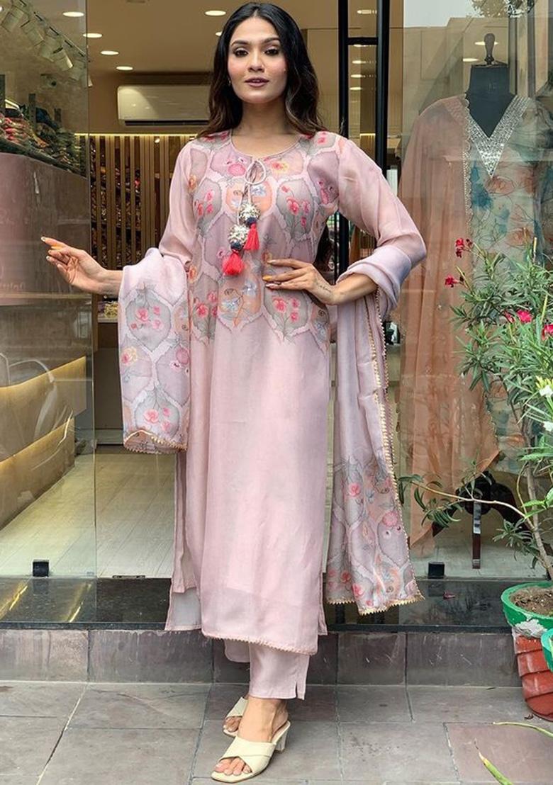 Peach Printed Organza Kurta Set