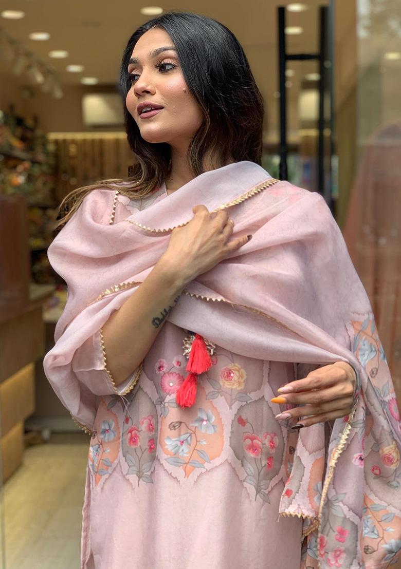 Peach Printed Organza Kurta Set