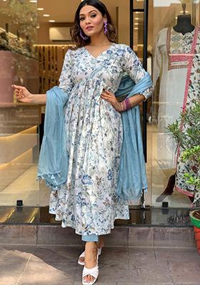 Blue Printed Crepe Kurta Set