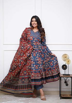 Blue Embroidered Cotton Kurta Set