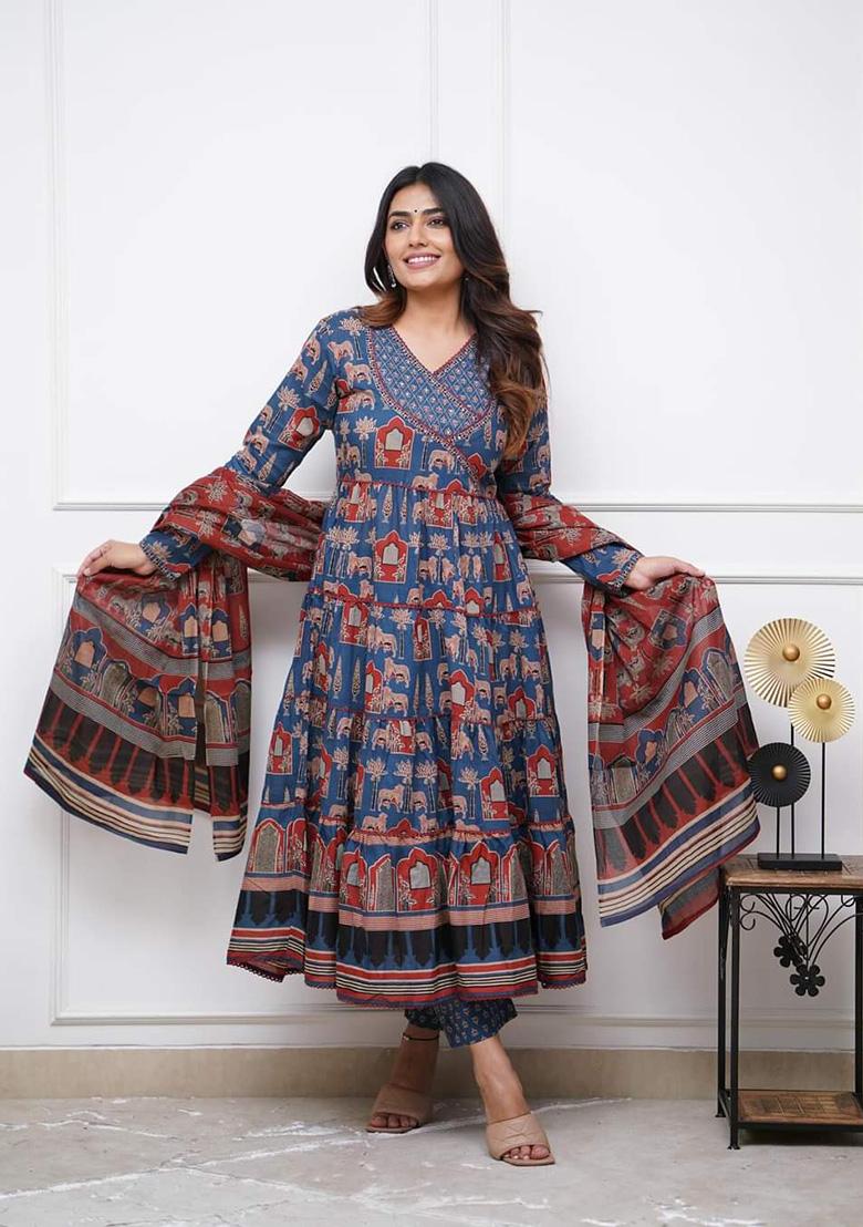 Blue Embroidered Cotton Kurta Set