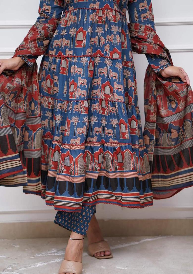 Blue Embroidered Cotton Kurta Set