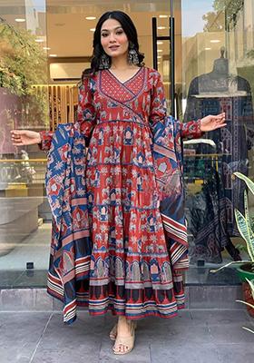 Red Embroidered Cotton Kurta Set