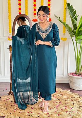 Rama Green Embroidered Viscose Chanderi Kurta Set