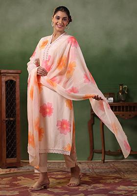 Peach Embroidered Crepe Kurta Set