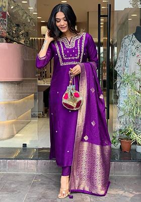 Purple Embroidered Chanderi Viscose Kurta Set