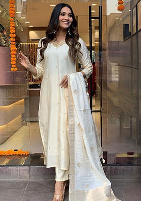 Cream Embroidered Chanderi Viscose Kurta Set