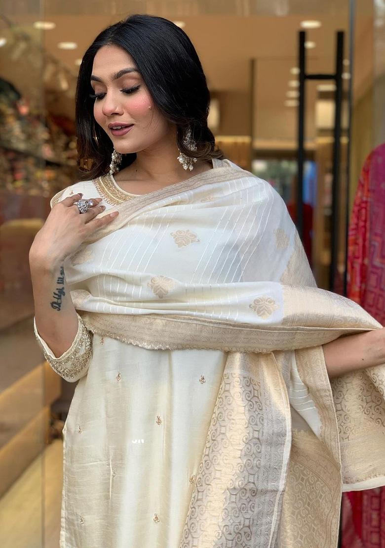 Cream Embroidered Chanderi Viscose Kurta Set