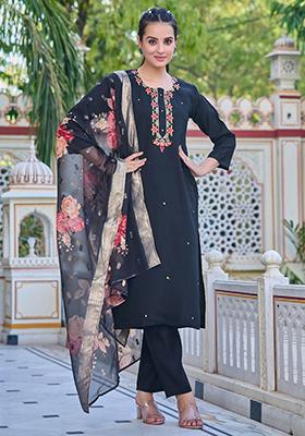 Black Embroidered Chanderi Kurta Set