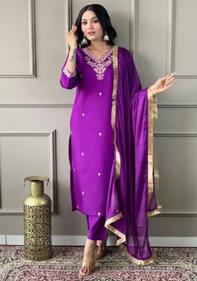 Purple Embroidered Chanderi Viscose Kurta Set