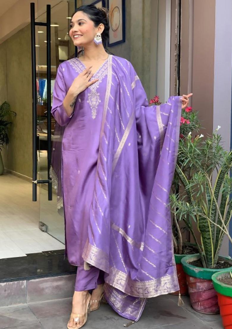 Lavender Embroidered Chanderi Viscose Kurta Set