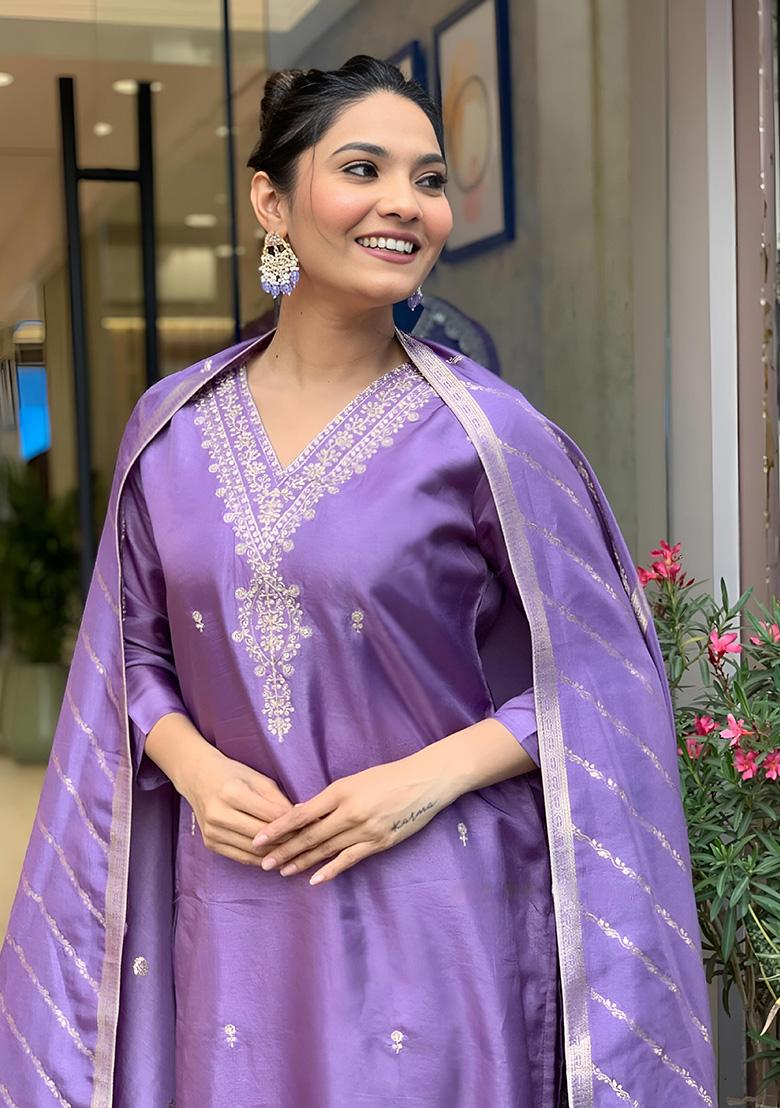 Lavender Embroidered Chanderi Viscose Kurta Set