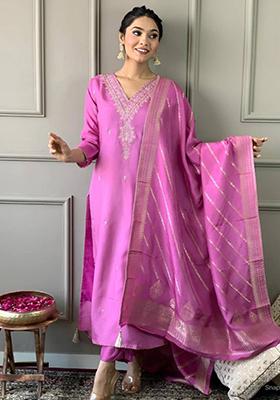 Pink Embroidered Chanderi Viscose Kurta Set
