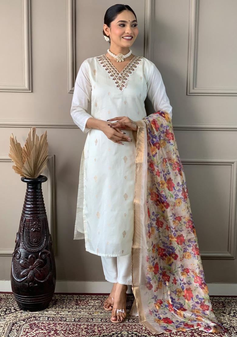 White Embroidered Viscose Nylon Kurta Set