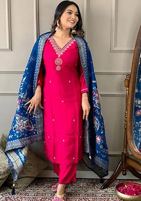 Pink Embroidered Chanderi Viscose Kurta Set