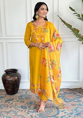 Mustard Embroidered Chanderi Viscose Kurta Set
