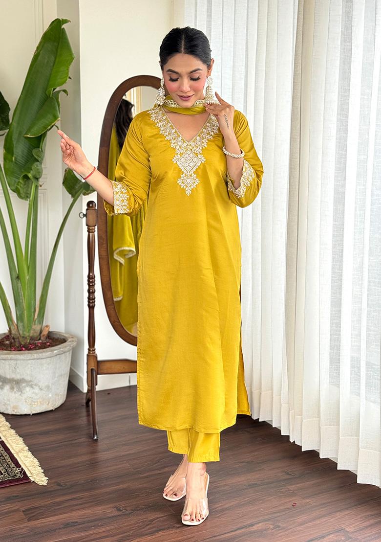 Yellow Embroidered Chanderi Kurta Set