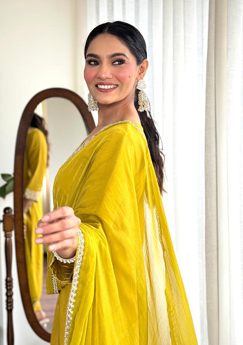 Yellow Embroidered Chanderi Kurta Set