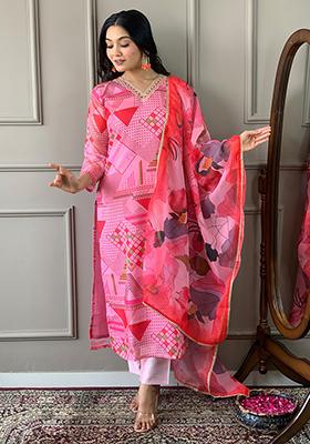 Pink Embroidered Chanderi Viscose Kurta Set