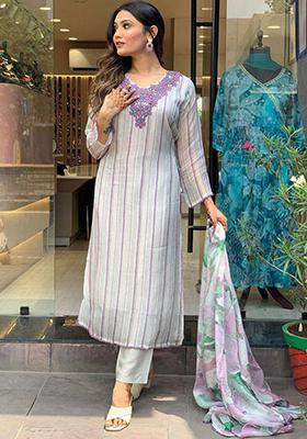 Multicolor Embroidered Tebby Silk Kurta Set