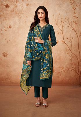 Green Embroidered Chanderi Viscose Kurta Set