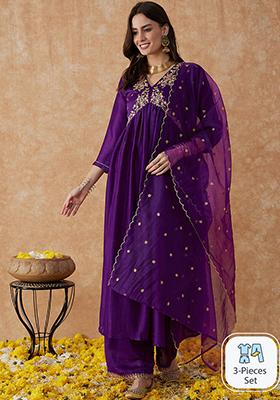 Purple Embroidered Vichitra Silk Kurta Set