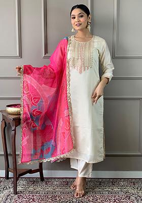 Cream Embroidered Chanderi Viscose Kurta Set