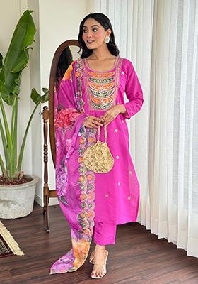 Pink Embroidered Chanderi Viscose Kurta Set