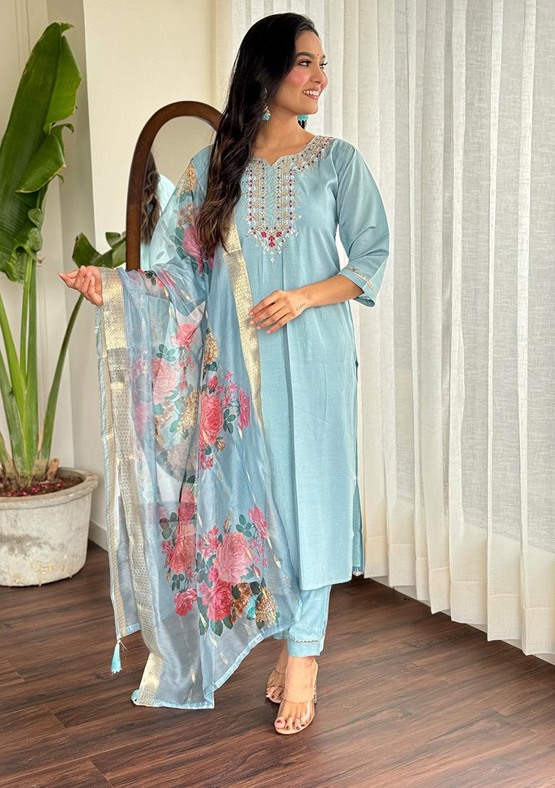 Grey Embroidered Chanderi Viscose Kurta Set