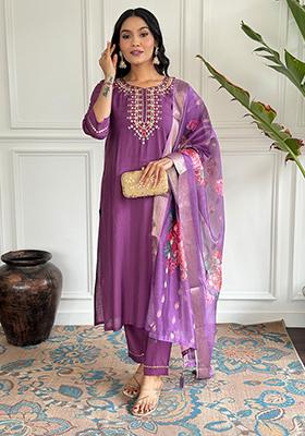 Purple Embroidered Chanderi Viscose Kurta Set
