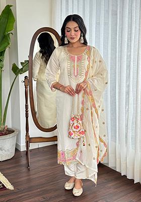 Cream Embroidered Chanderi Viscose Kurta Set