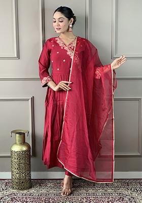 Maroon Embroidered Chanderi Viscose Kurta Set
