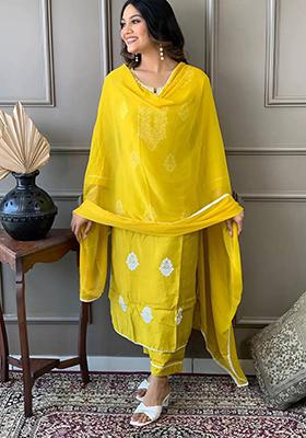 Yellow Embroidered Chanderi Viscose Kurta Set