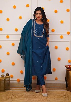 Blue Embroidered Rayon Slub Kurta Set