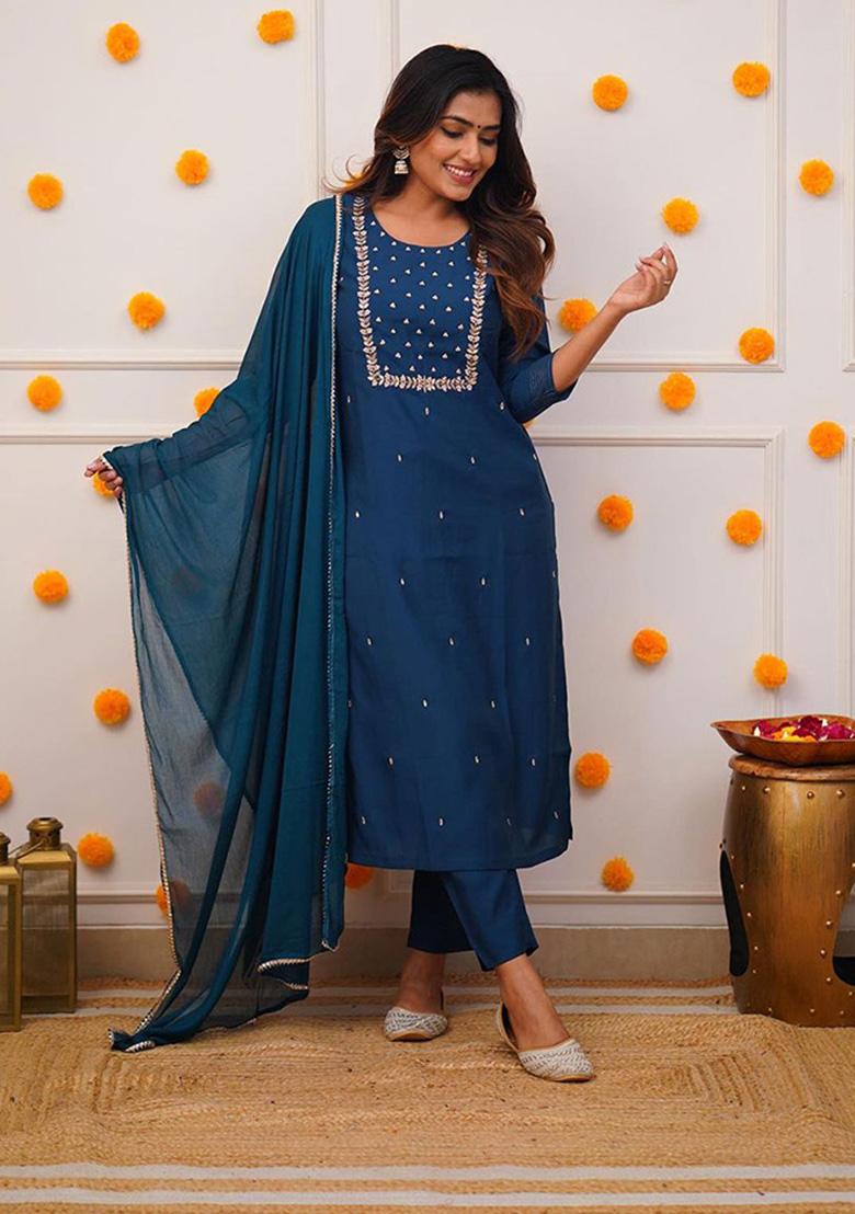 Blue Embroidered Rayon Slub Kurta Set