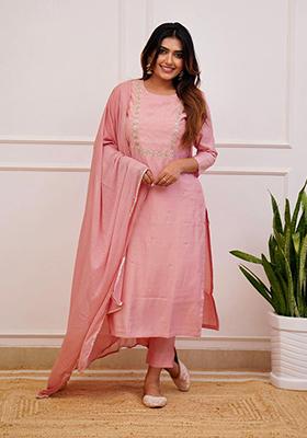 Peach Embroidered Rayon Slub Kurta Set