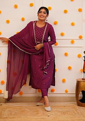 Wine Embroidered Rayon Slub Kurta Set