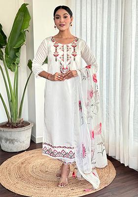 White Embroidered Chanderi Viscose Kurta Set