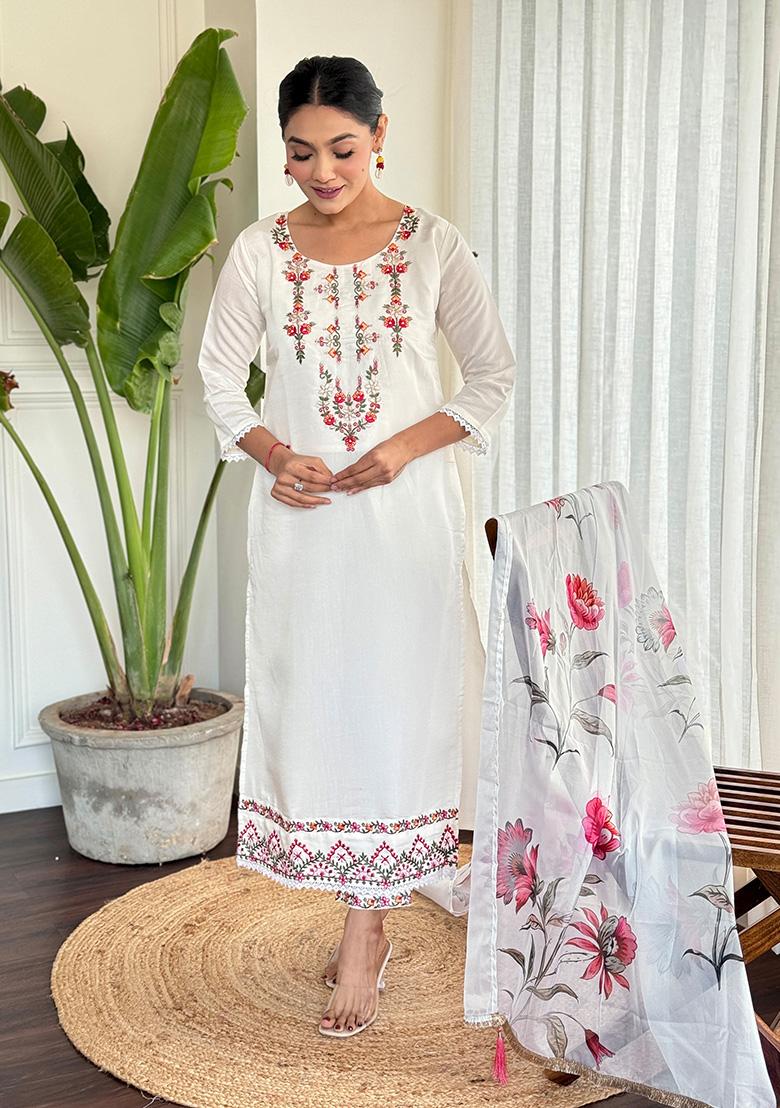 White Embroidered Chanderi Viscose Kurta Set