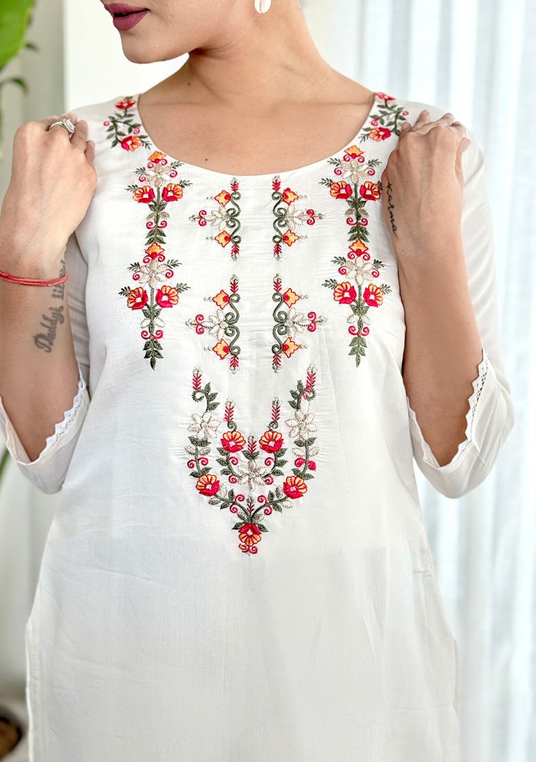 White Embroidered Chanderi Viscose Kurta Set