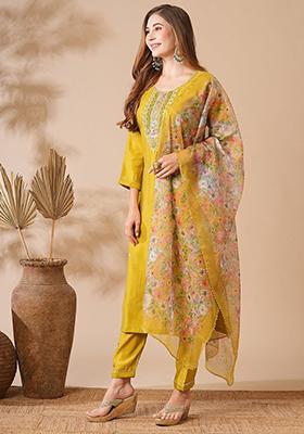 Yellow Embroidered Chanderi Viscose Kurta Set