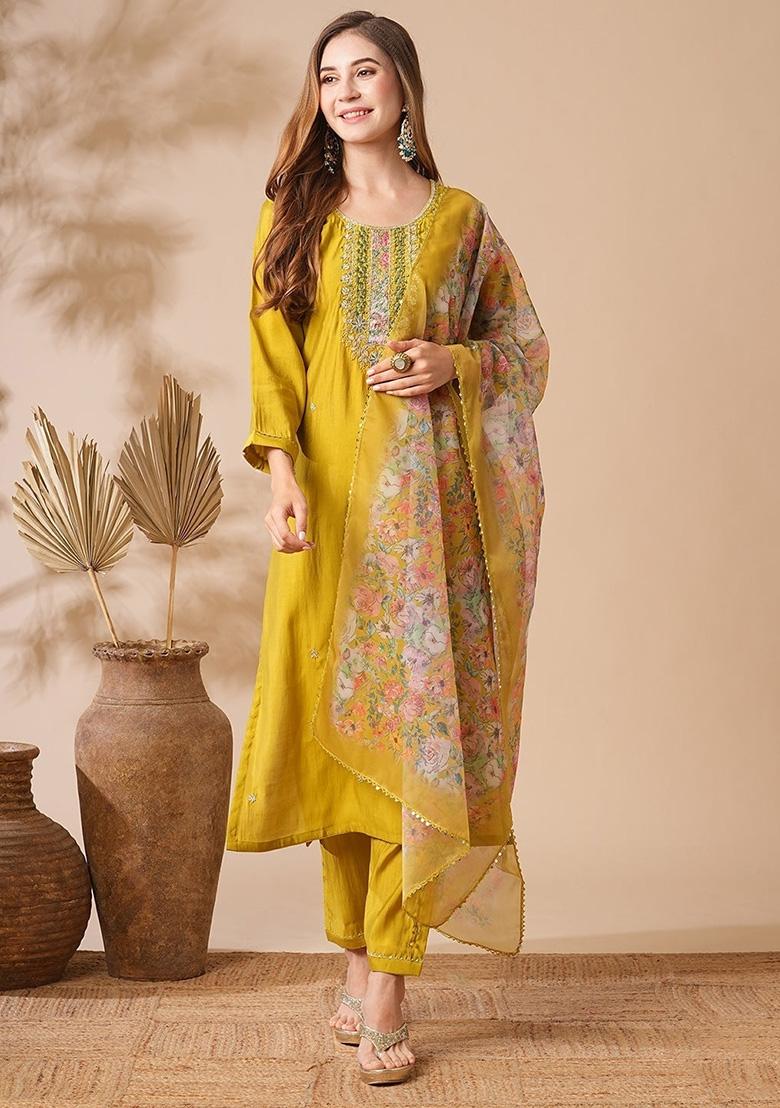 Yellow Embroidered Chanderi Viscose Kurta Set