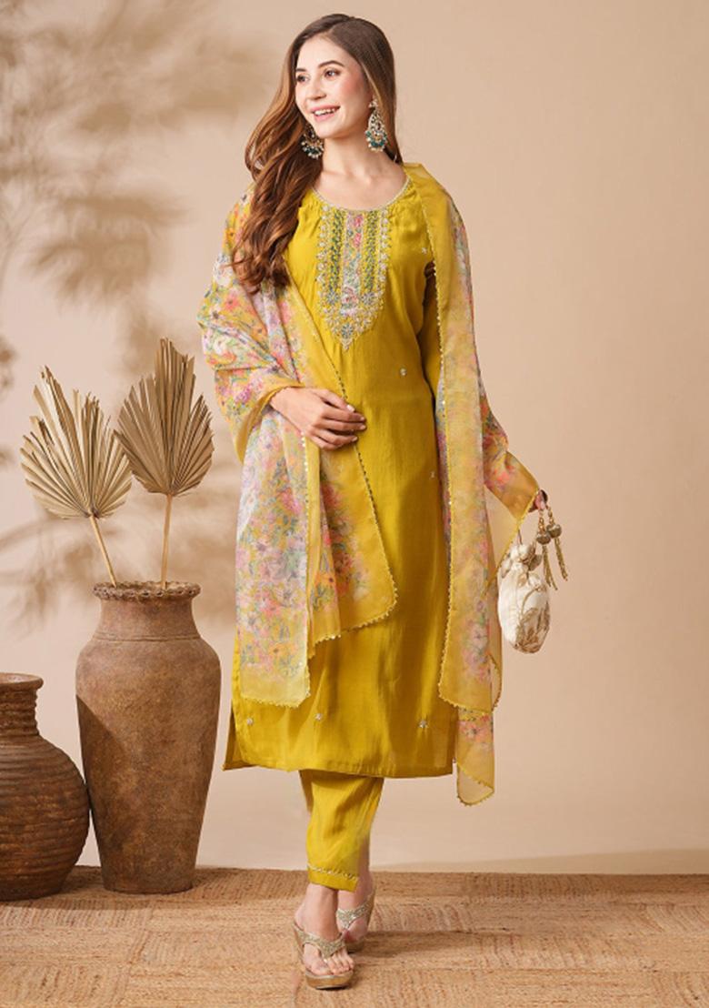 Yellow Embroidered Chanderi Viscose Kurta Set