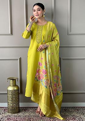 Lemon Yellow Embroidered Chanderi Viscose Kurta Set