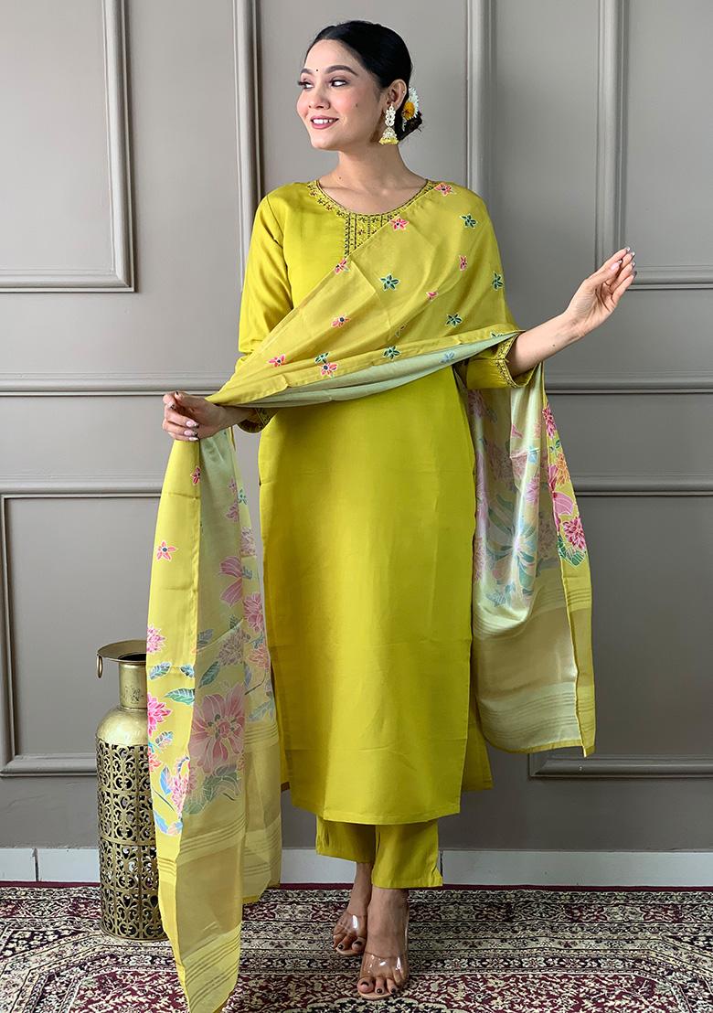 Lemon Yellow Embroidered Chanderi Viscose Kurta Set