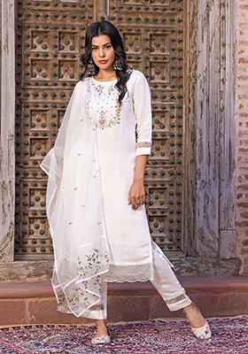 White Embroidered Chanderi Viscose Kurta Set
