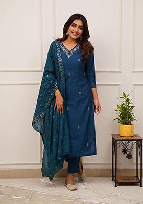 Blue Embroidered Chanderi Viscose Kurta Set